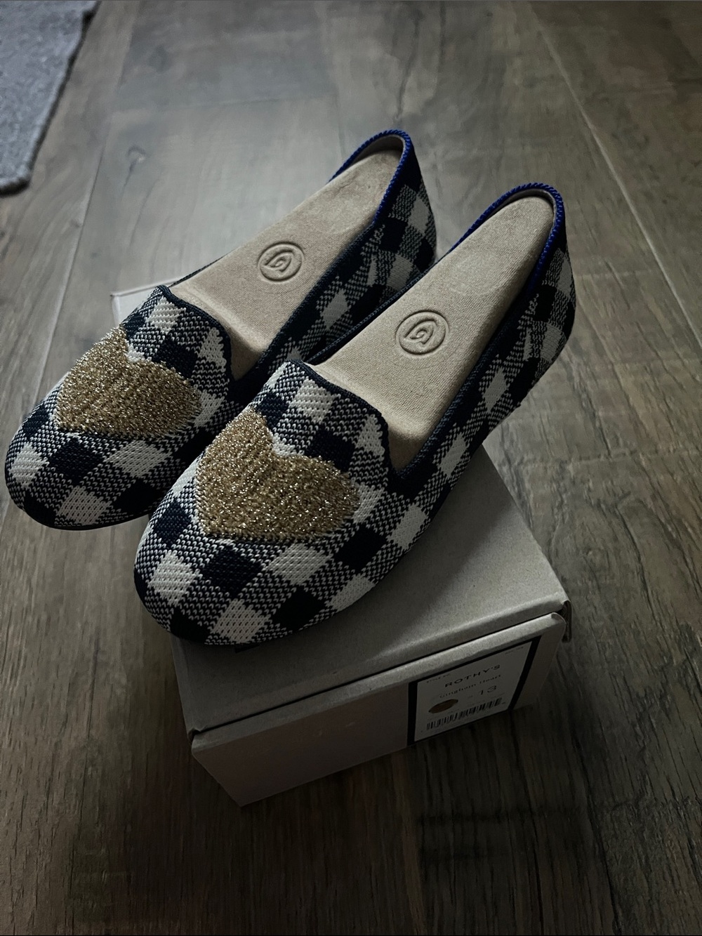 Rothy’s Navy & White Check Heart-Embellished Girl’s Loafers